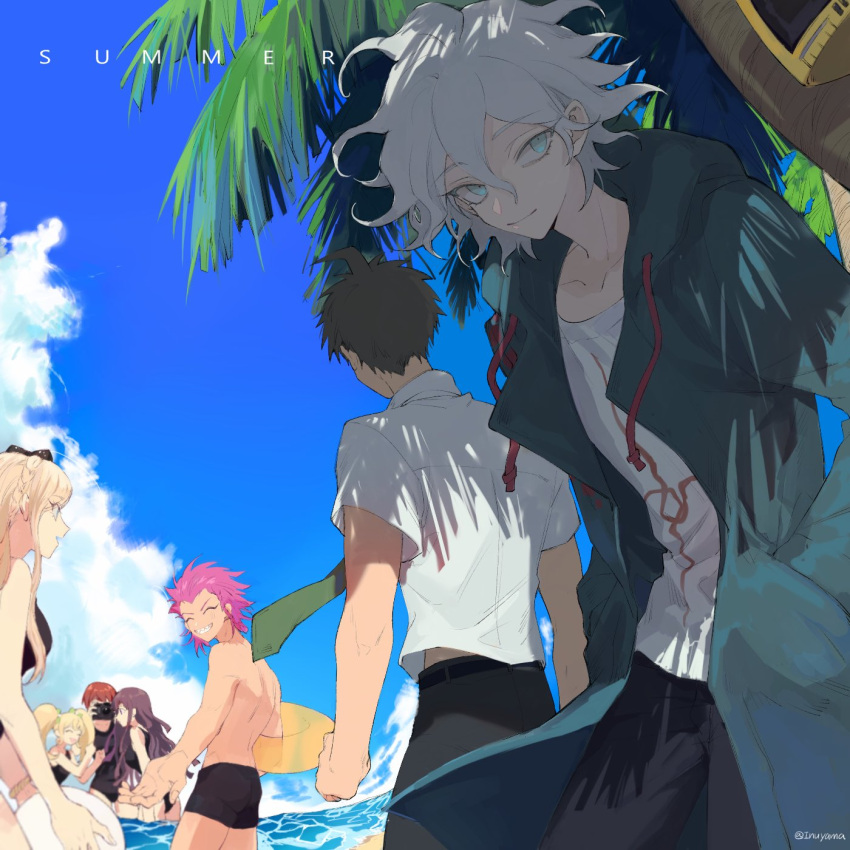 3boys, 4girls, ahoge, alternate_costume, ball, bangs, beachball, belt