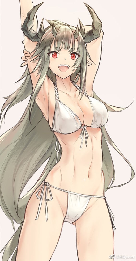 1girl, arknights, arm_behind_head, arm_up, bangs, bikini, breasts, collarbone