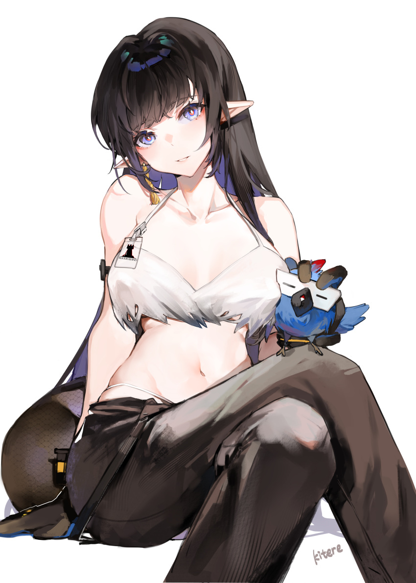 1girl, absurdres, arknights, bangs, bare_shoulders, bird, black_gloves, black_hair