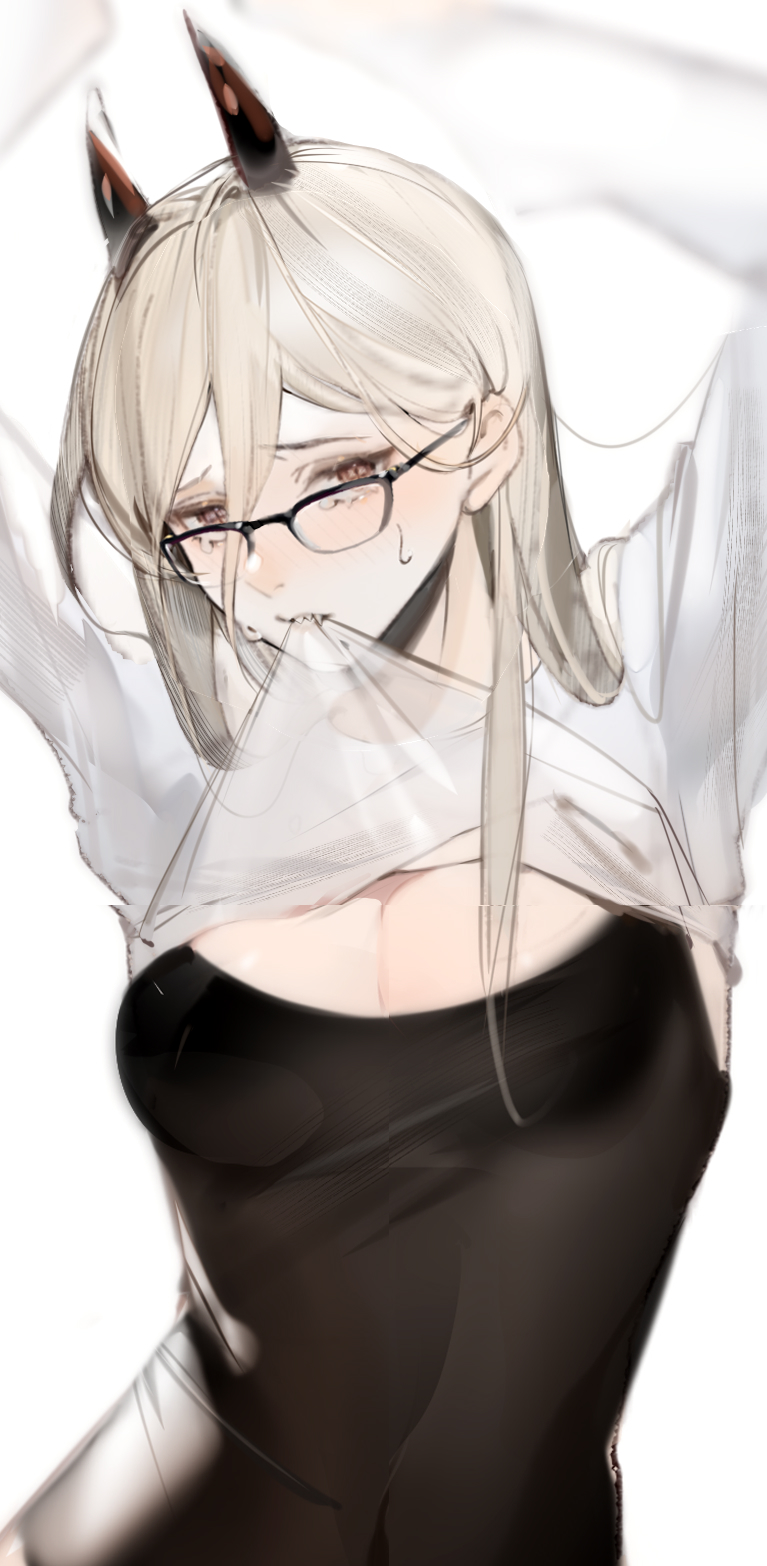 1girl, arms_up, bangs, blush, breasts, chainsaw_man, clothes_in_mouth, food