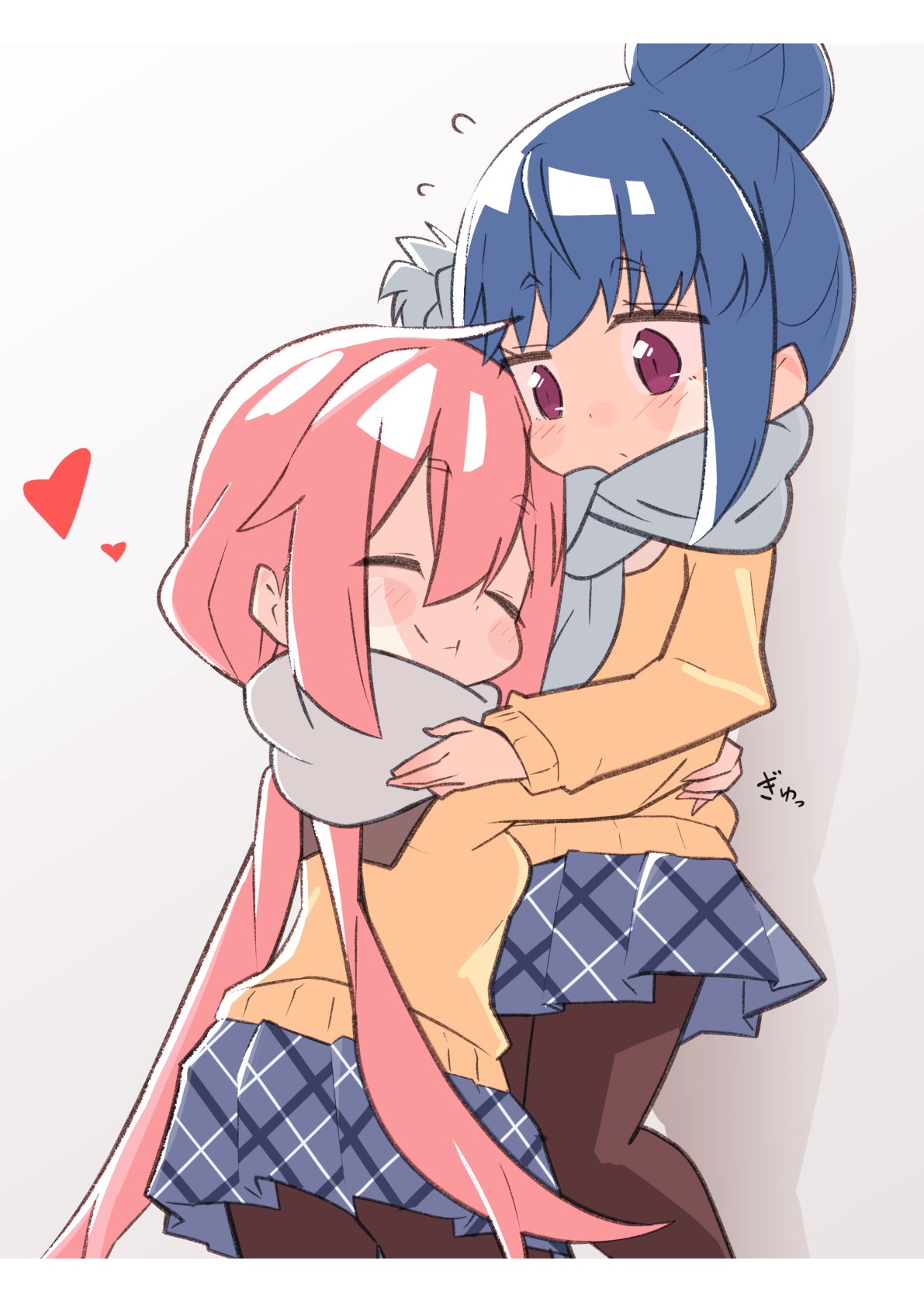 2girls, :t, aly_(eshikidori), blue_hair, blush, blush_stickers, closed_eyes, closed_mouth, diagonal-striped_skirt, dot_nose, flying_sweatdrops, hair_between_eyes, hair_bun, heart, highres, hug, kagamihara_nadeshiko, long_hair, multiple_girls, pantyhose, pink_hair, pleated_skirt, pout, ribbed_sweater, scarf, shima_rin, shiny, shiny_hair, sidelocks, skirt, smile, striped, striped_skirt, sweater, violet_eyes, yellow_sweater, yuri, yurucamp
