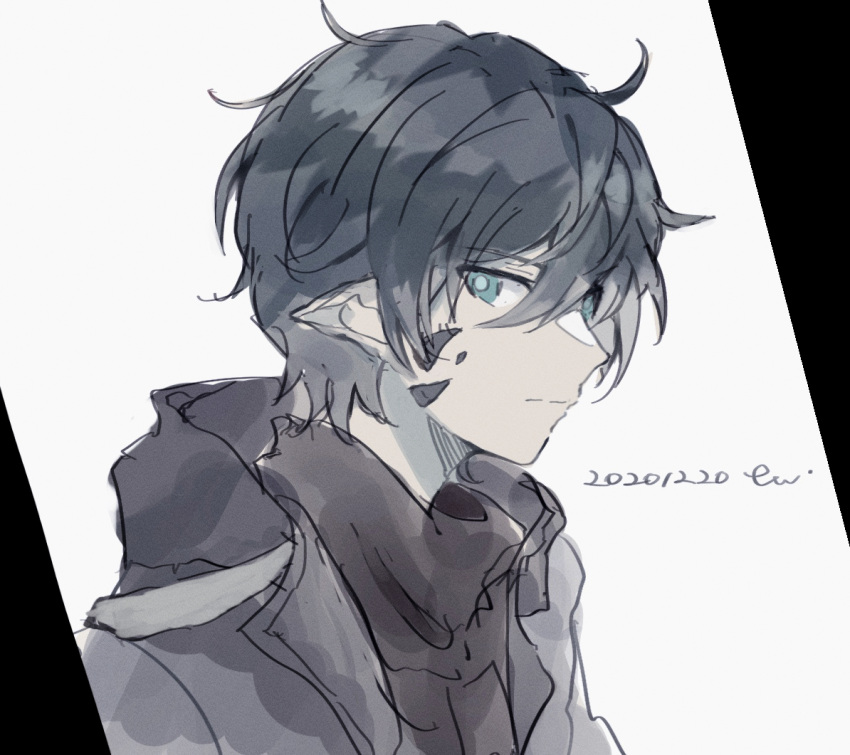 1boy, arknights, black_hair, black_jacket, black_shirt, blue_eyes, dated, faust_(arknights)