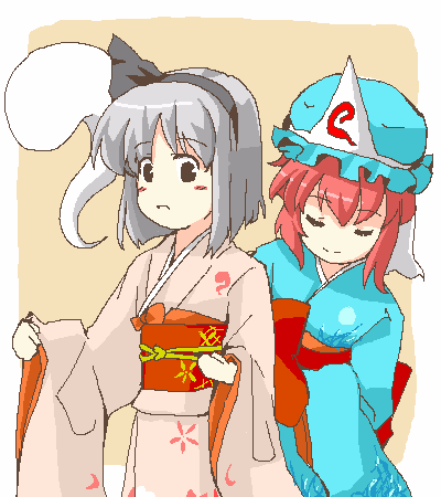 hat, japanese_clothes, kimono, konpaku_youmu, konpaku_youmu_(ghost), lowres, multiple_girls, myon