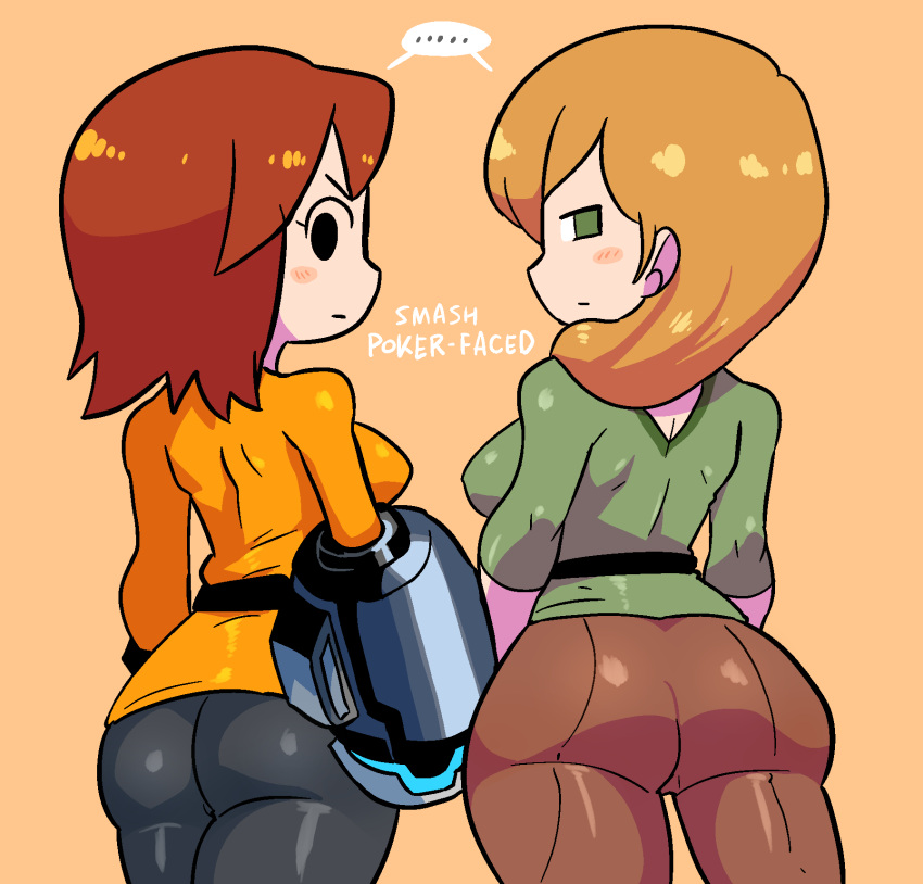 ..., 2girls, :|, alex_(minecraft), arm_cannon, ass, black_eyes, black_pants
