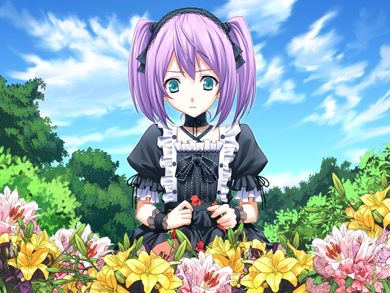 flower, game_cg, gothic_lolita, kakuu_shoujo, kizuki_mihoshi, lolita_fashion, nature, purple_hair, sky, solo, twintails