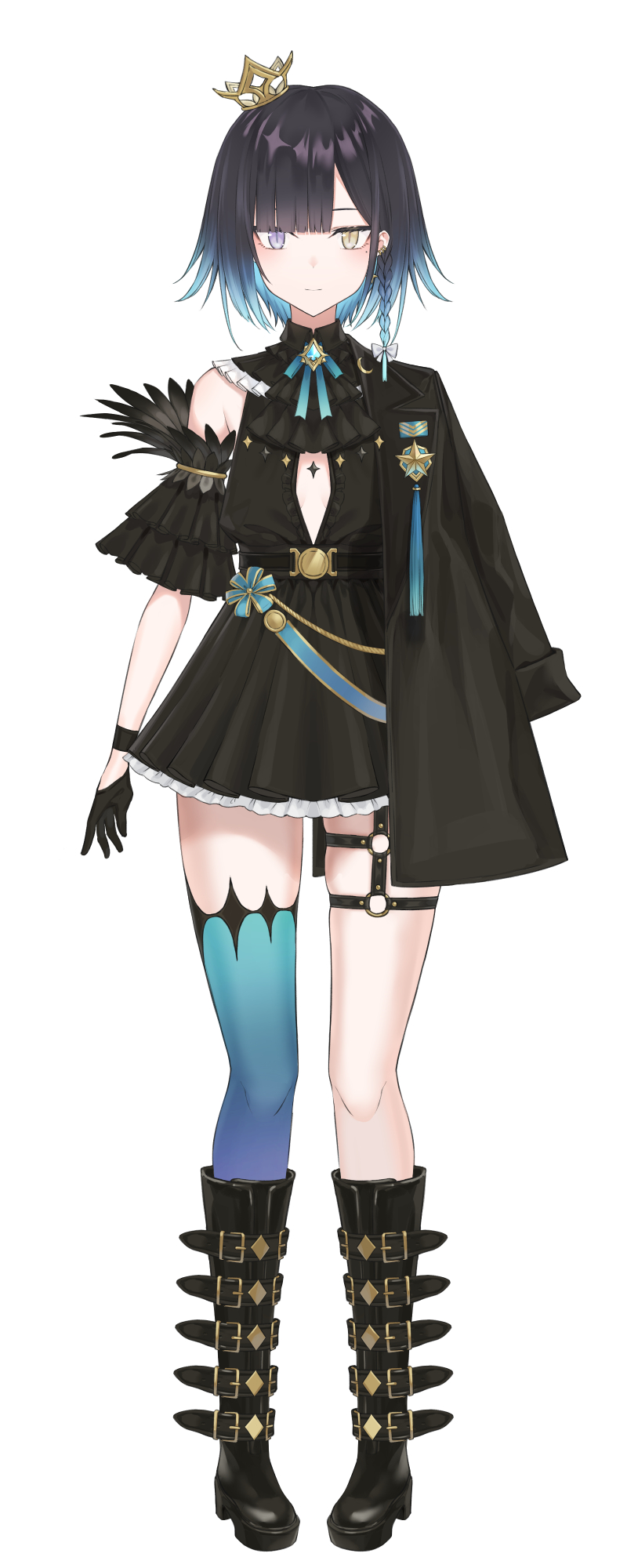 1girl, asymmetrical_clothes, bangs, belt_boots, black_footwear, black_gloves, blue_hair, blue_legwear, blunt_bangs, boots, braid, breasts, breasts_apart, cleavage_cutout, closed_mouth, clothing_cutout, crown, diamond_(shape), ear_piercing, eyebrows_behind_hair, full_body, gloves, gradient_hair, half_gloves, heterochromia, high_heel_boots, high_heels, highres, knee_boots, koga_taiga, long_sleeves, medal, mole, mole_under_eye, moon_(ornament), multicolored_hair, necktie, o-ring, original, piercing, purple_hair, shiny, shiny_hair, side_braid, simple_background, single_braid, single_thighhigh, skirt, small_breasts, solo, thigh-highs, violet_eyes, white_background, wing_collar, yellow_eyes