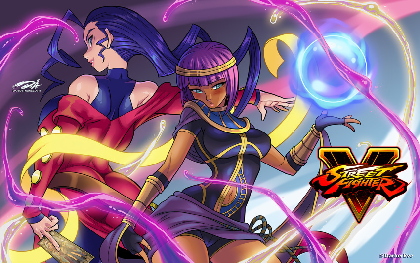 2girls, antenna_hair, ass, aura, back, belt, blush, bracer