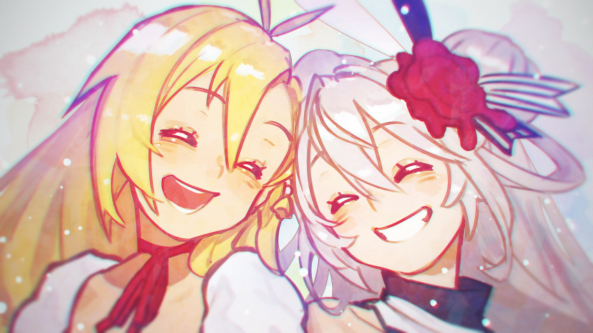 2girls, antenna_hair, blonde_hair, chromatic_aberration, closed_mouth, commentary, double_bun, eleanor_forte