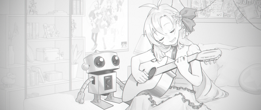 1girl, 1other, acoustic_guitar, antenna_hair, beads, bed, blurry, blurry_background