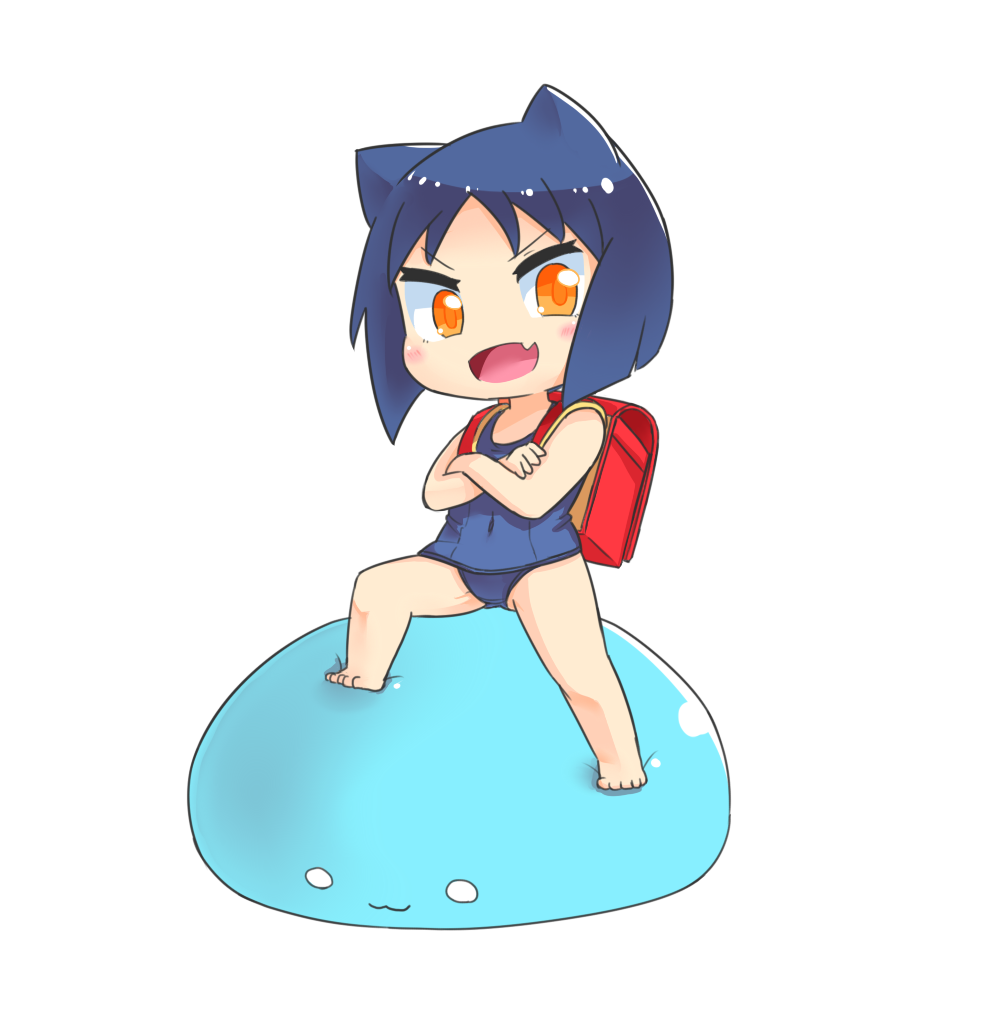 1girl, :3, animal_ears, arcana_heart, backpack, bag, bangs, barefoot