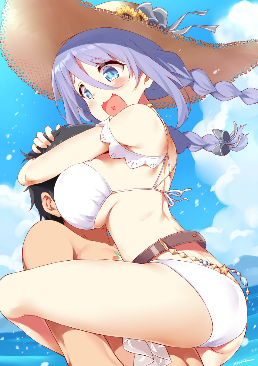 1boy, 1girl, absurdres, ass, back, bangs, belt, bikini, black_hair, blue_eyes, blue_sky, braid, breast_smother, breasts, clouds, commentary_request, day, eyebrows_visible_through_hair, face_to_breasts, flower, hair_between_eyes, hair_ribbon, hat, hat_flower, hat_ribbon, heart, highres, hug, large_breasts, leg_lock, long_hair, ocean, open_mouth, outdoors, princess_connect!, purple_hair, ribbon, ryuki_(ryukisukune), shizuru_(princess_connect!), sideboob, sky, smile, straw_hat, sun_hat, sunflower, swimsuit, thighs, white_bikini