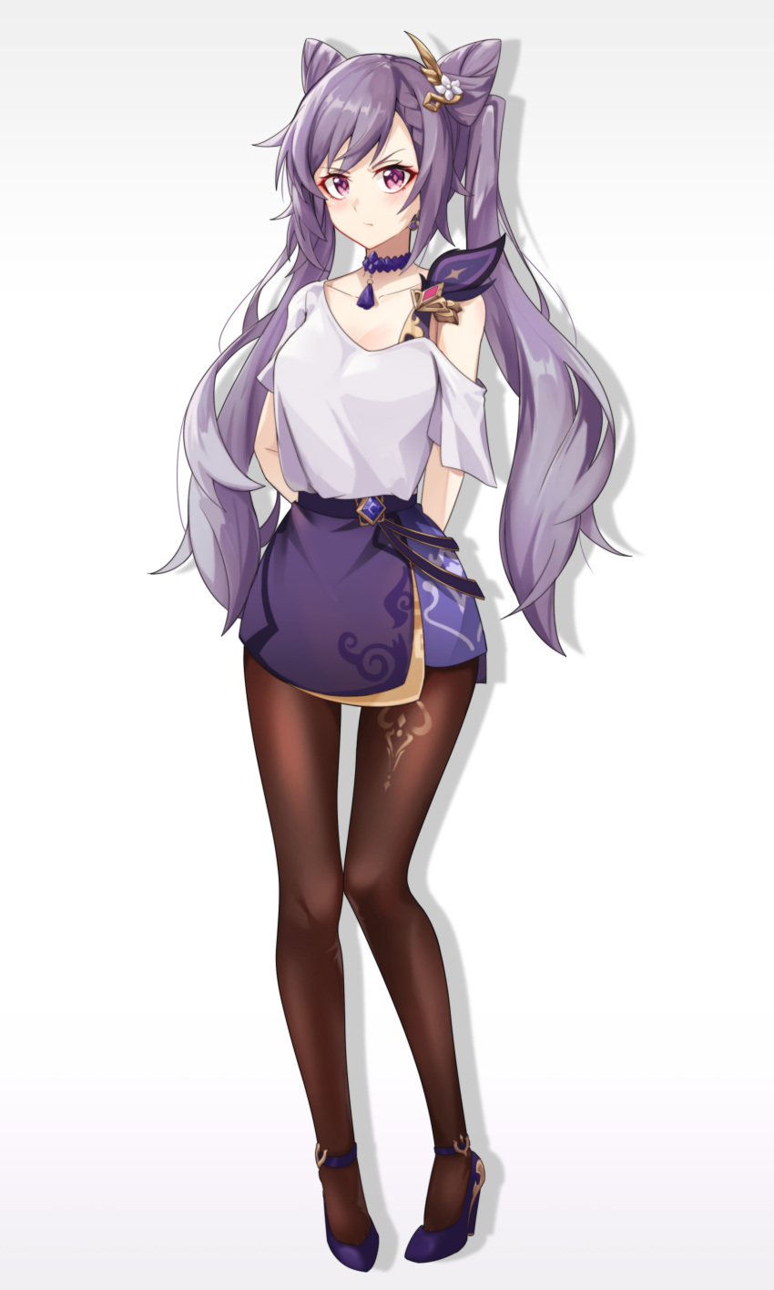 1girl, absurdres, arms_behind_back, bangs, blush, braid, braided_bangs, brown_legwear