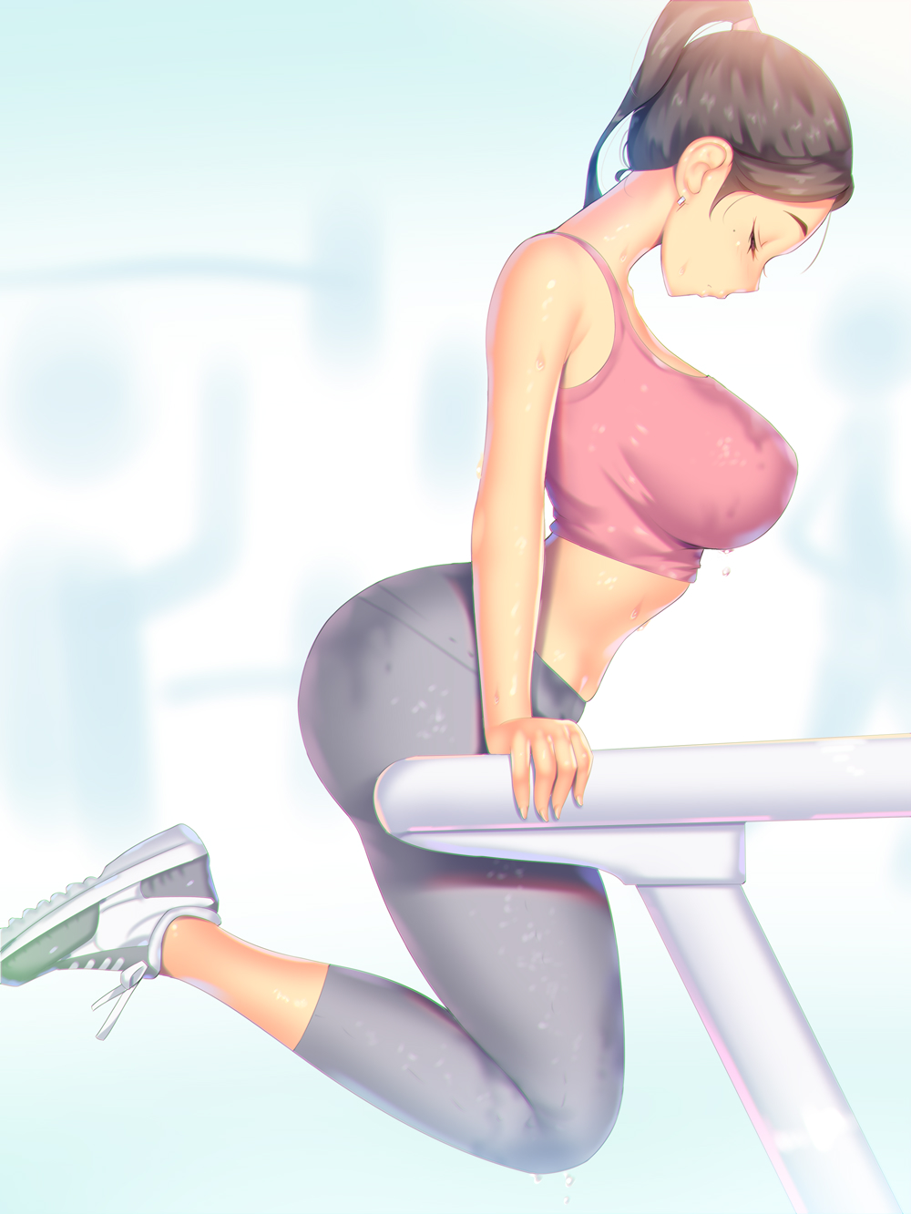 1girl, a.x., ass, bare_shoulders, breasts, brown_hair, closed_eyes, earrings, exercise, from_side, grey_pants, high_ponytail, highres, jewelry, large_breasts, long_hair, original, pants, pink_sports_bra, shoes, sneakers, sports_bra, sweat, sweaty_clothes, yoga_pants