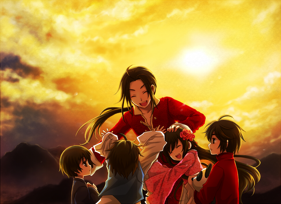 axis_powers_hetalia, brown_hair, changpao, child, china_(hetalia), chinese_clothes, closed_eyes, flower