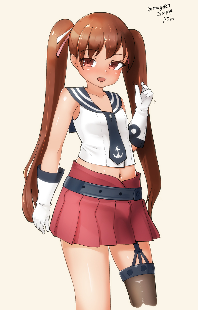 1girl, agano_(kancolle), agano_(kancolle)_(cosplay), anchor_symbol, beige_background, black_sailor_collar, brown_eyes, brown_hair, brown_legwear, cosplay, cowboy_shot, dark-skinned_female, dark_skin, dress, garter_straps, gloves, highres, kantai_collection, libeccio_(kancolle), long_hair, looking_at_viewer, maru_(marg0613), midriff, navel, one-hour_drawing_challenge, pleated_dress, pleated_skirt, red_skirt, sailor_collar, school_uniform, serafuku, shirt, simple_background, single_thighhigh, skirt, sleeveless, sleeveless_shirt, solo, thigh-highs, twintails, white_background, white_gloves