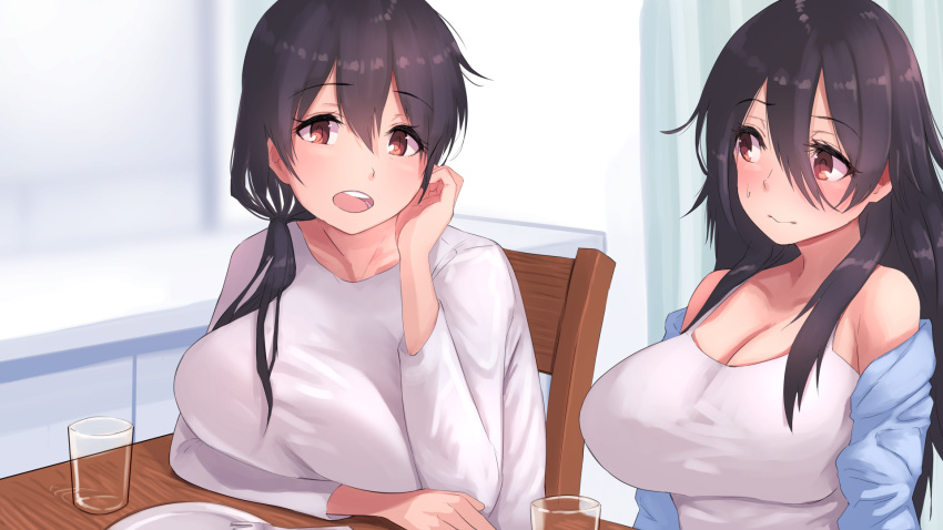 2girls, bangs, bare_shoulders, black_hair, blue_sweater, blush, breasts, brown_eyes