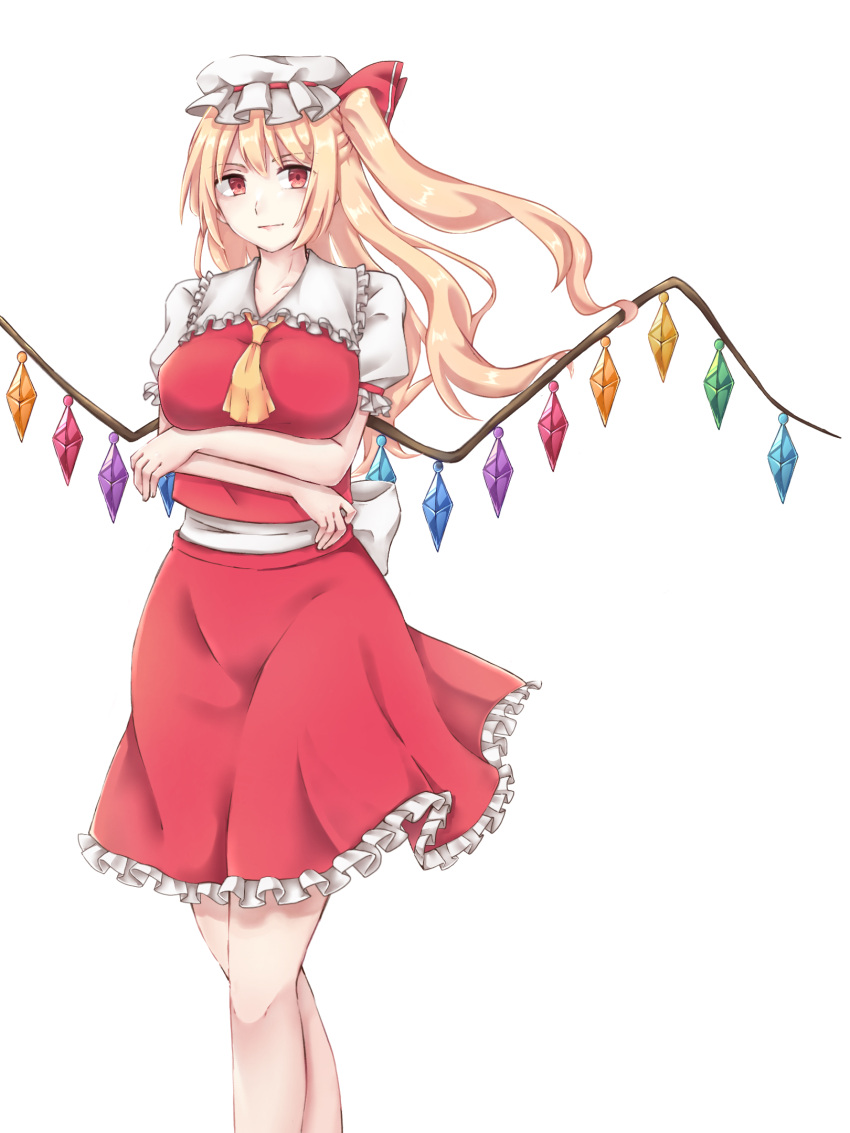 1girl, ascot, blonde_hair, bow, breasts, crystal, flandre_scarlet, frilled_shirt