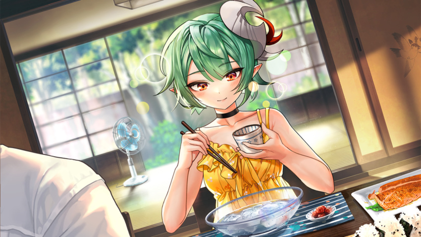 1boy, 1girl, action_taimanin, animal_print, bird, blurry, blurry_background, bush, choker, chopsticks, cup, day, demon_girl, demon_horns, dress, eyebrows_visible_through_hair, eyes, fan, food, game_cg, green_eyes, grilled_fish, highres, horns, hummingbird, ice, lens_flare, looking_down, noah_brown, onigiri, open_door, orange_eyes, out_of_frame, placemat, pointy_ears, resized, screencap, single_horn, sliding_doors, smile, summer, sundress, taimanin_(series), tree, upscaled, water, yellow_dress