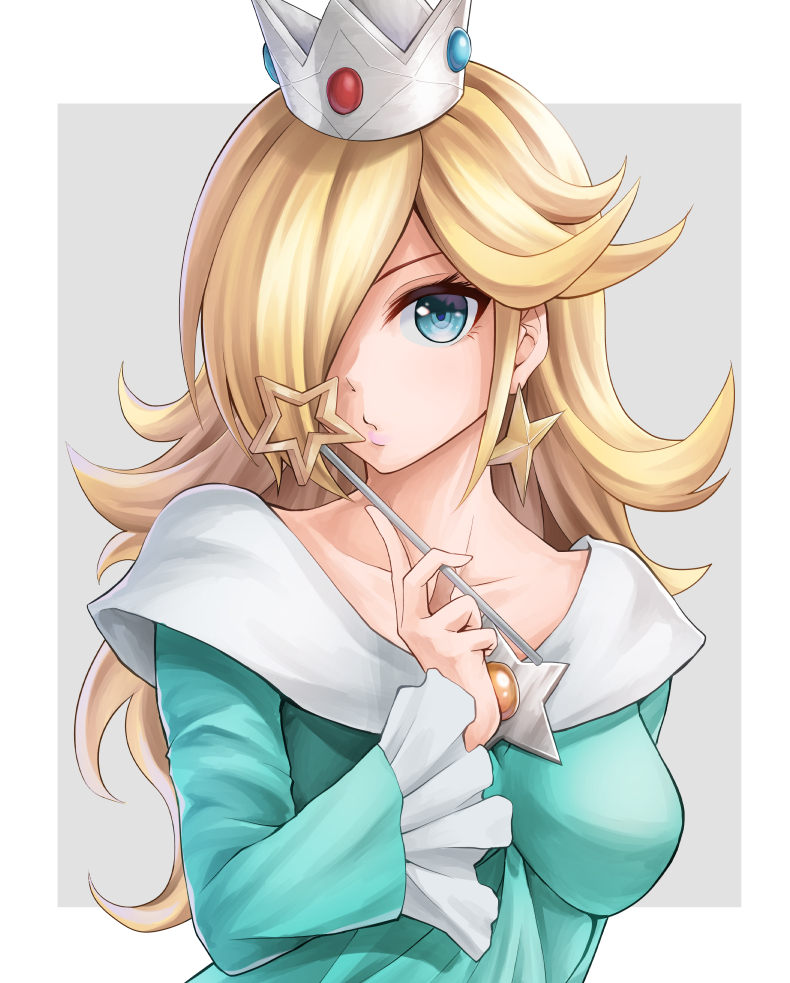 1girl, blonde_hair, blue_dress, blue_eyes, border, breasts, closed_mouth, collarbone