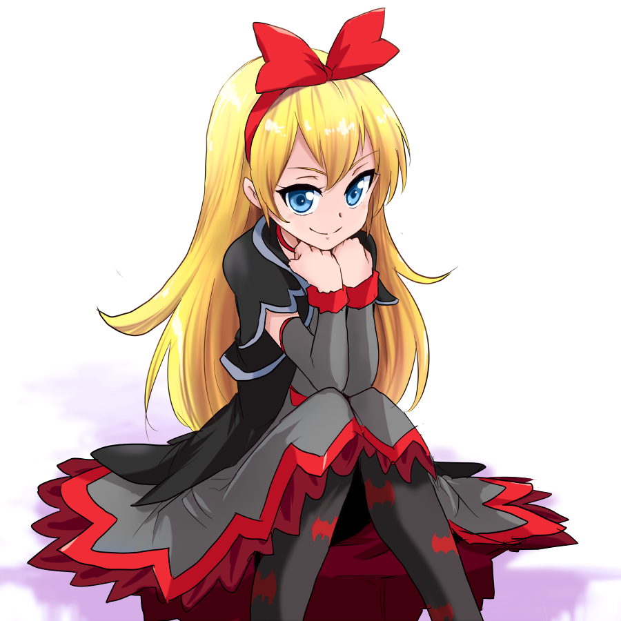 1girl, animal_print, bangs, bat_print, black_capelet, black_legwear, blonde_hair, blue_eyes