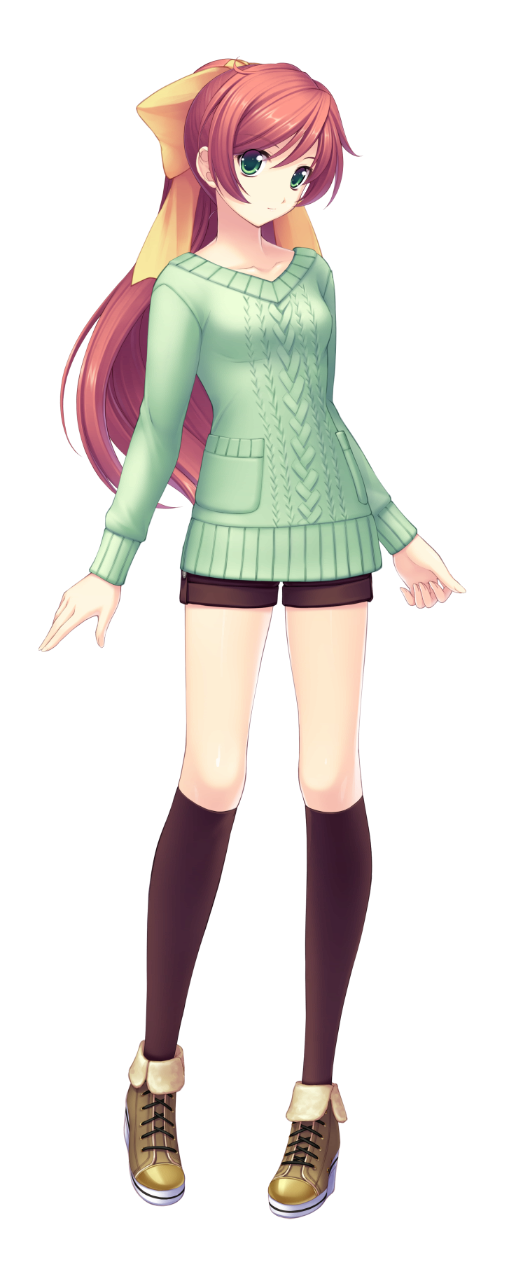 1girl, black_legwear, black_shorts, boots, bow, breasts, brown_hair, closed_mouth