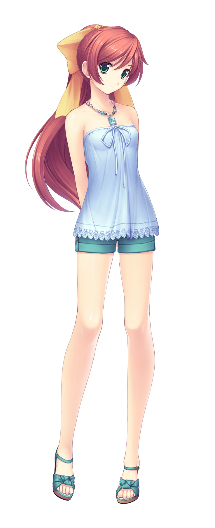 1girl, arms_behind_back, bangs, blue_shirt, blue_shorts, bow, brown_hair, closed_mouth