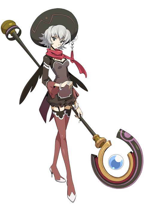 .hack//g.u., .hack//link, .hack//roots, hat, jewelry, official_art, ring, scarf, shino, shino_(.hack//), short_hair, silver_hair, smile, staff, tattoo, thigh-highs, thighhighs, wings, zettai_ryouiki