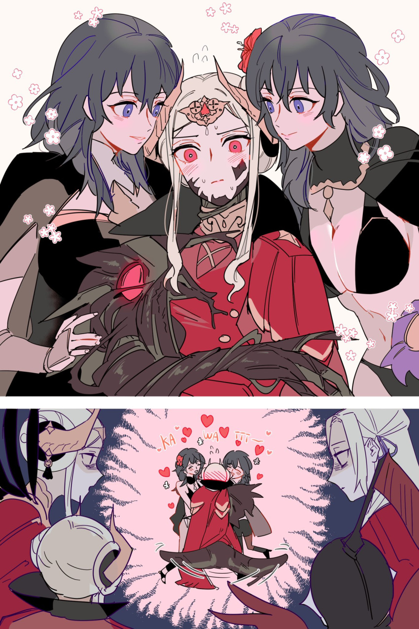 bang_gu9, blue_eyes, blue_hair, blush, byleth_(fire_emblem), byleth_eisner_(female), edelgard_von_hresvelg, fire_emblem