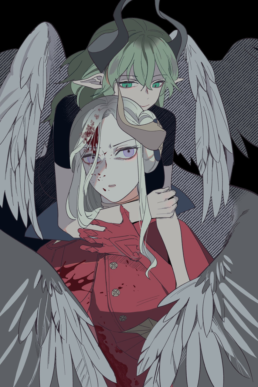 2girls, bang_gu9, blood, byleth_(fire_emblem), byleth_eisner_(female), edelgard_von_hresvelg, green_eyes, green_hair, highres, horns, long_hair, multiple_girls, violet_eyes, white_hair