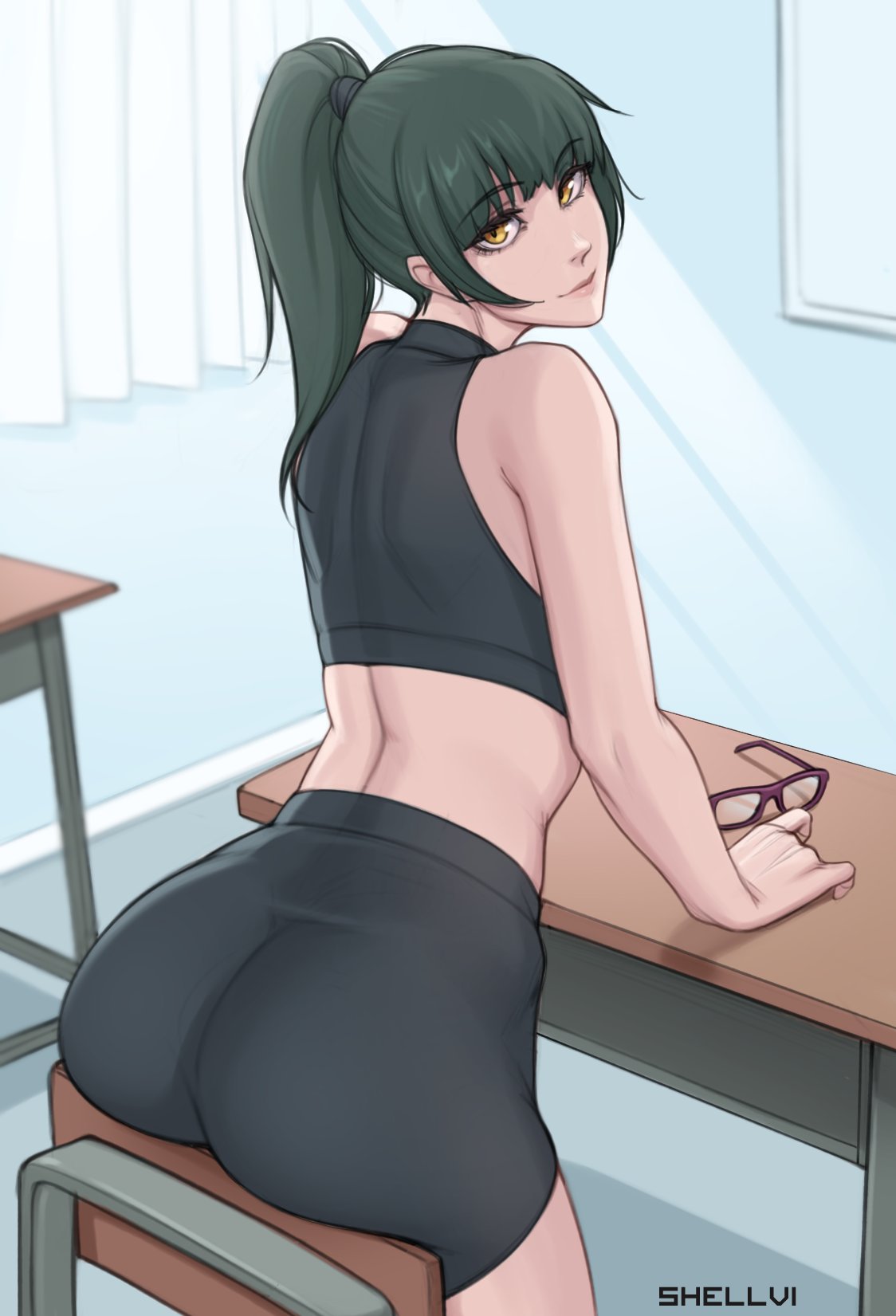 1girl, ass, bare_shoulders, black_shorts, closed_mouth, commentary, cowboy_shot, desk