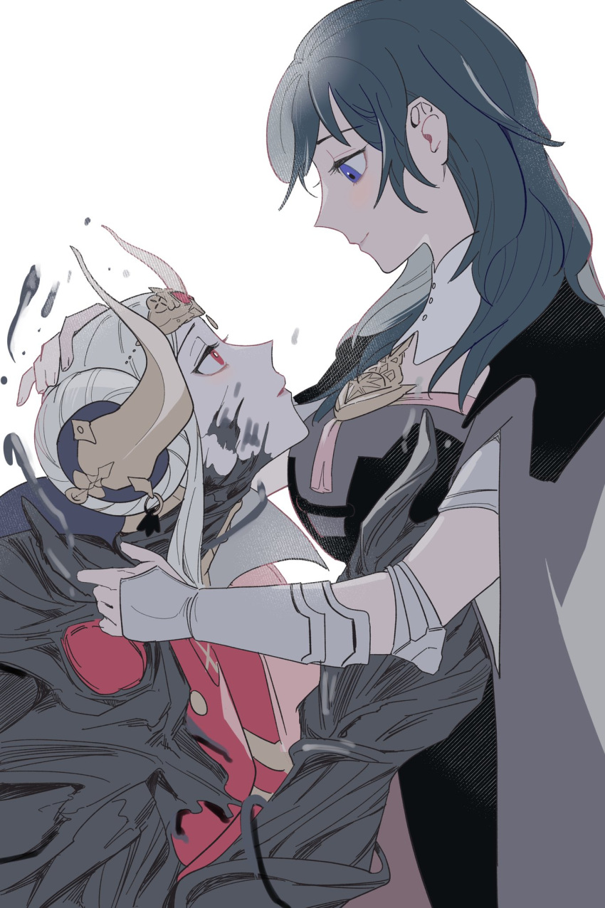 2girls, bang_gu9, blue_eyes, blue_hair, byleth_(fire_emblem), byleth_eisner_(female), corruption, edelgard_von_hresvelg