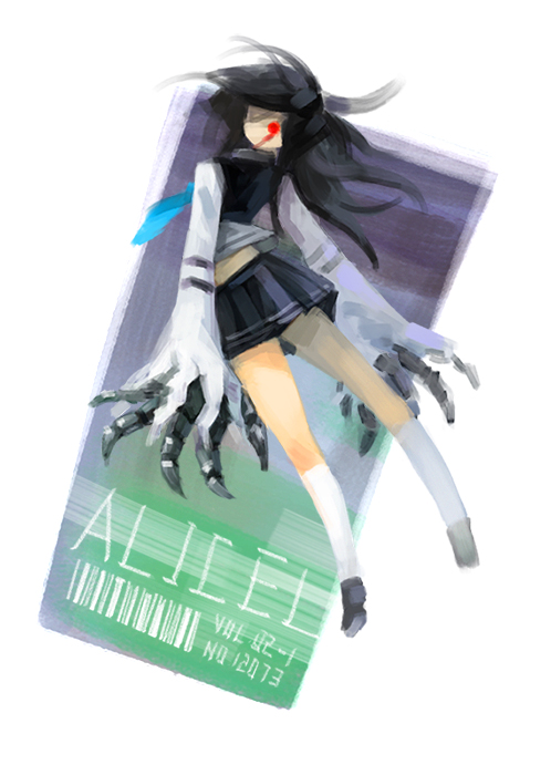 1girl, alicel, bangs, barcode, black_footwear, black_hair, black_skirt, character_name, claws, commentary, full_body, kneehighs, long_hair, looking_at_viewer, looking_back, miniskirt, no_mouth, npc_(nemui), ragnarok_online, red_eyes, shirt, shoes, skirt, solo, torn_clothes, torn_sleeves, white_background, white_legwear, white_shirt