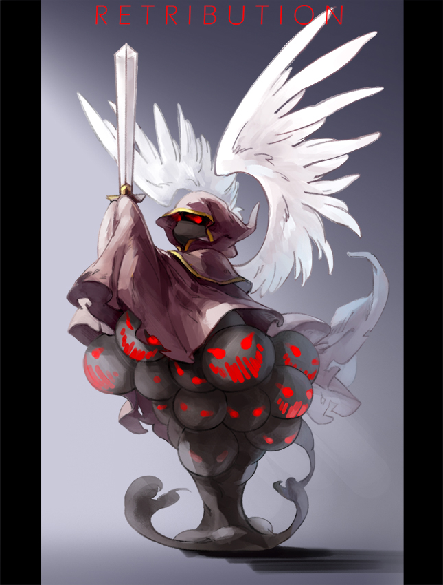 1girl, baroness_of_retribution, brown_cloak, character_name, cloak, commentary, demon, feathered_wings, full_body, glowing, glowing_eyes, grey_background, holding, holding_sword, holding_weapon, npc_(nemui), open_mouth, pillarboxed, ragnarok_online, red_eyes, sleeves_past_wrists, solo, standing, sword, weapon, white_wings, wings