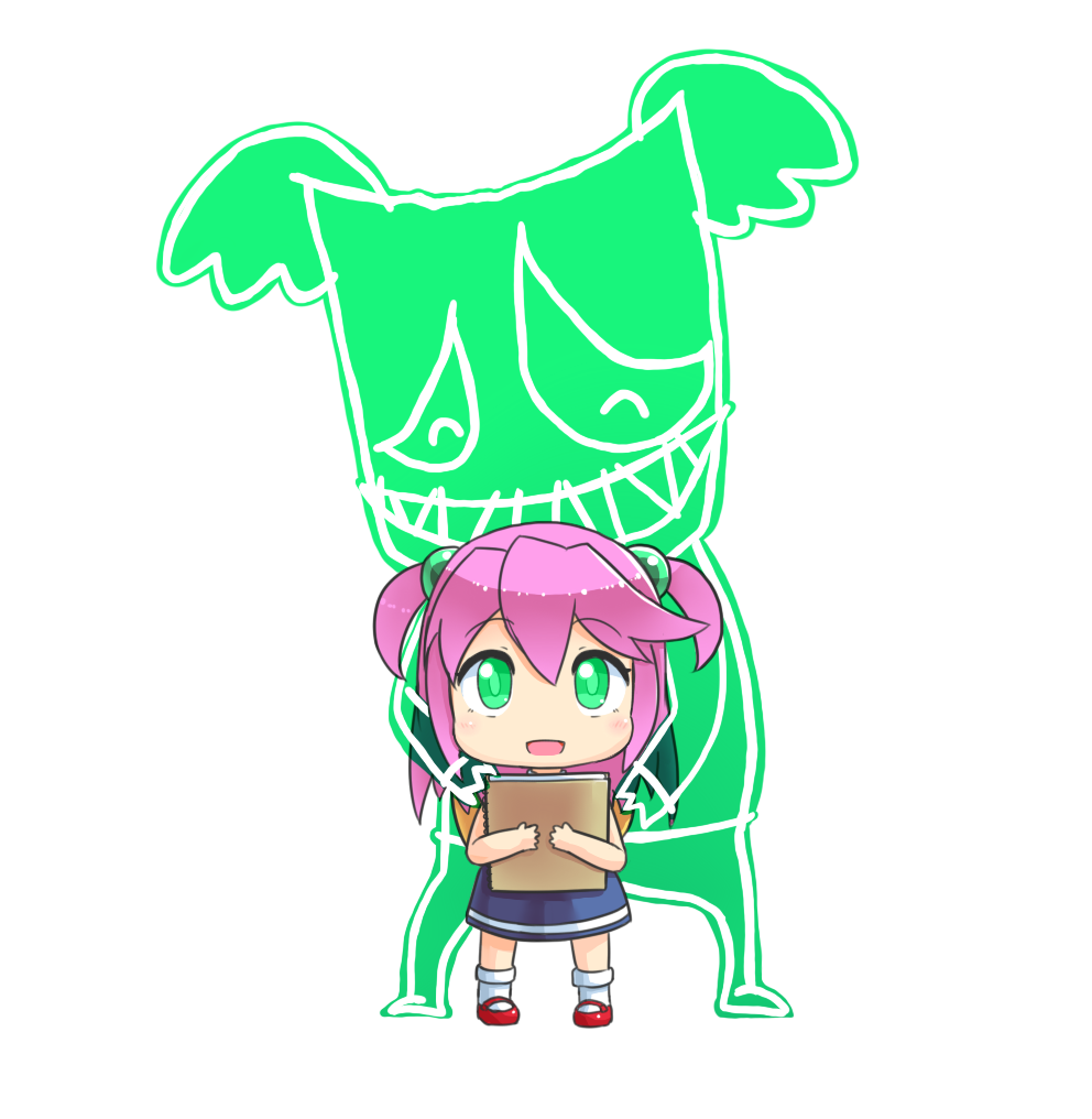 1girl, :d, arcana_heart, bangs, book, chibi, drawing, eko_(arcana_heart)