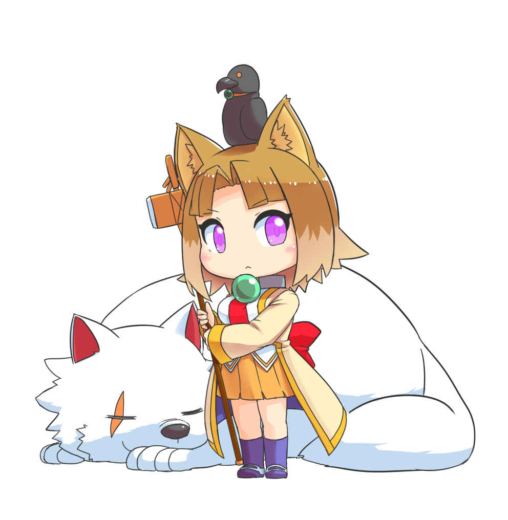 1girl, :<, animal_ears, animal_on_head, arcana_heart, bangs, bird, bird_on_head