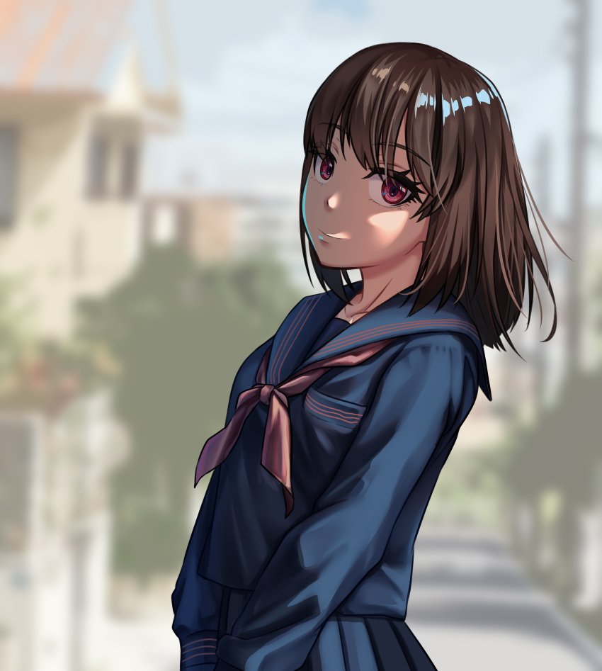 1girl, absurdres, black_serafuku, blurry, blurry_background, brown_hair, darksnake3, day, highres, long_sleeves, looking_at_viewer, original, outdoors, school_uniform, serafuku, skirt, solo, standing, uniform