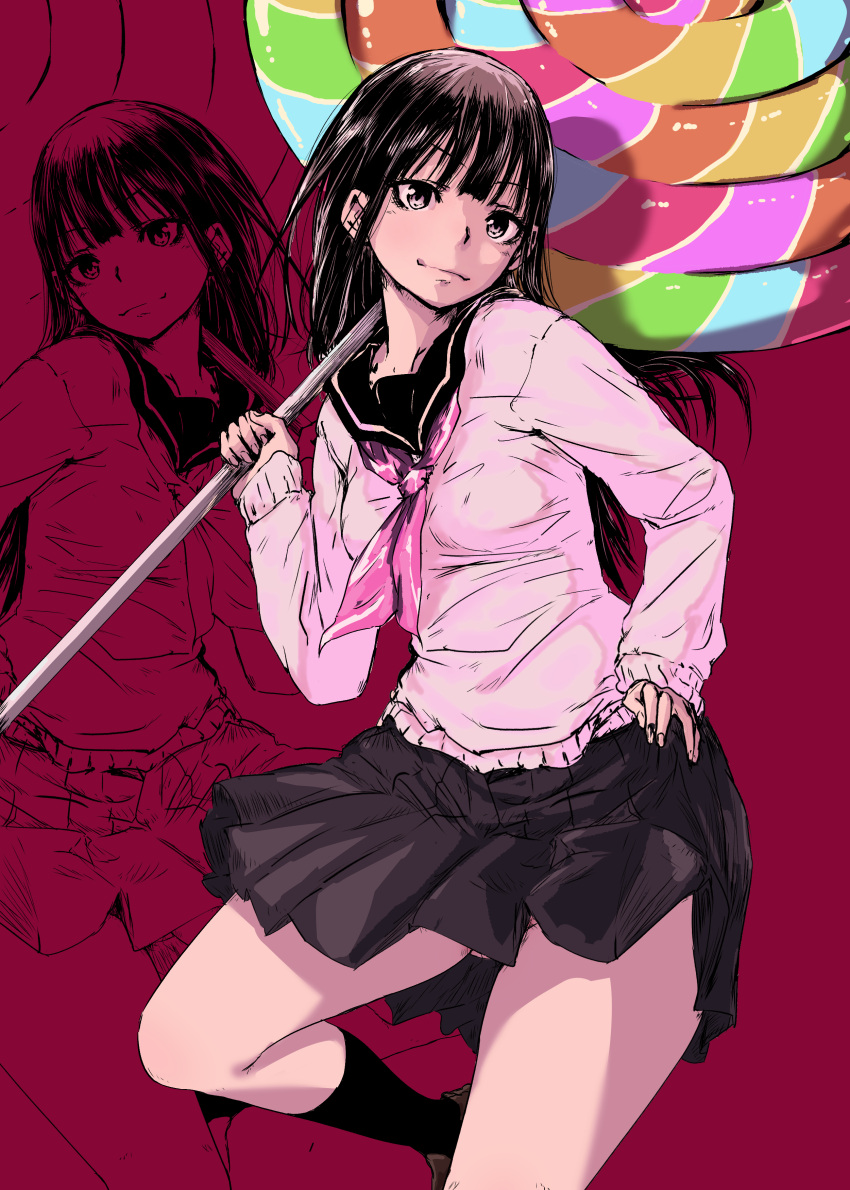 1girl, absurdres, ame_no_furu, black_eyes, black_hair, black_skirt, candy, food, highres, holding, holding_weapon, juju_(poipoipui), leg_up, lollipop, long_hair, long_sleeves, looking_at_viewer, minase_tsumugi, red_background, sailor_collar, school_uniform, skirt, smile, solo, sweater, weapon, white_sweater