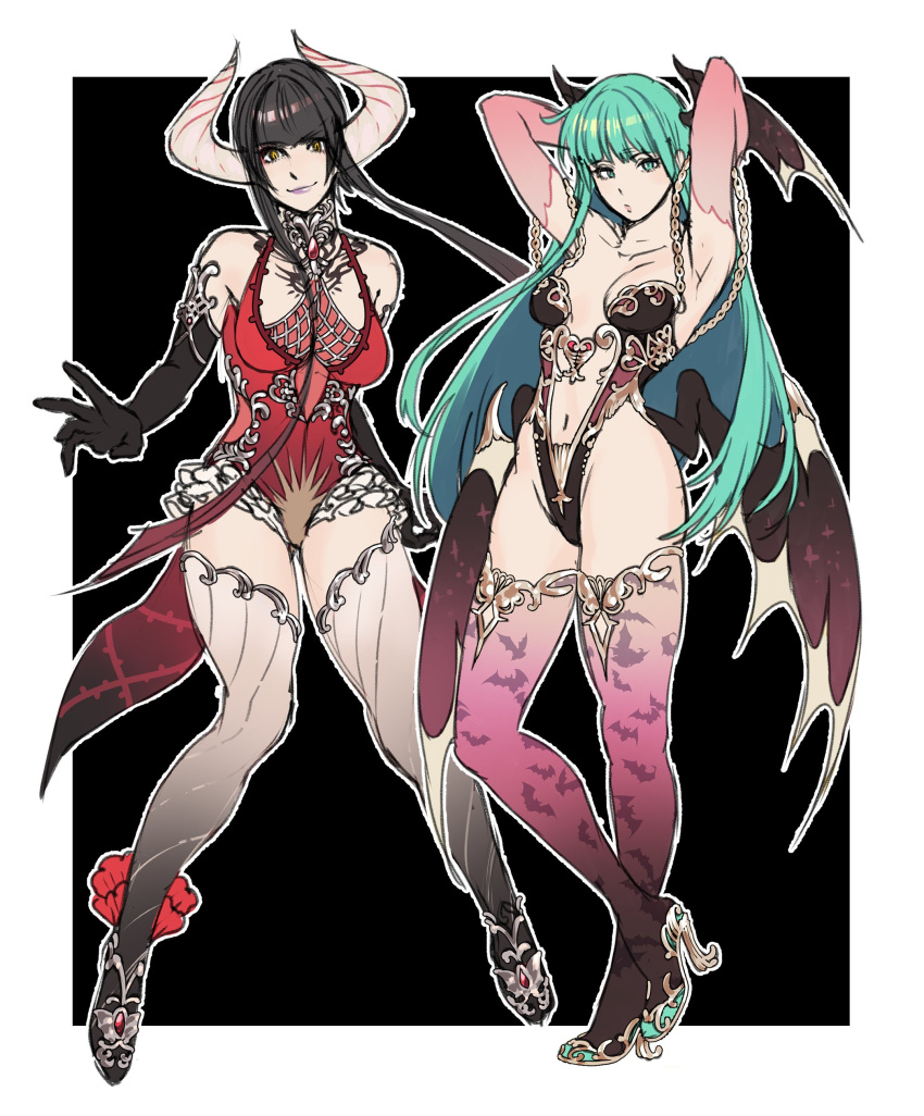 2girls, absurdres, alternate_costume, alternate_legwear, armpits, arms_behind_head, arms_up, bat