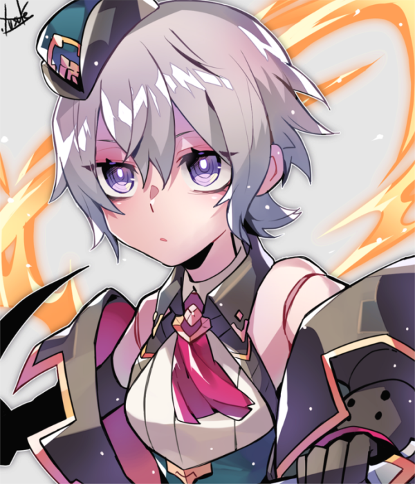 1girl, bare_shoulders, collared_shirt, detached_sleeves, dragalia_lost, grey_hair, hair_between_eyes, hat