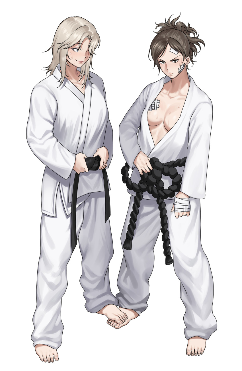 2girls, absurdres, alternate_costume, baggy_pants, bandaged_hand, bandaid, bandaid_on_breast, bandaid_on_cheek