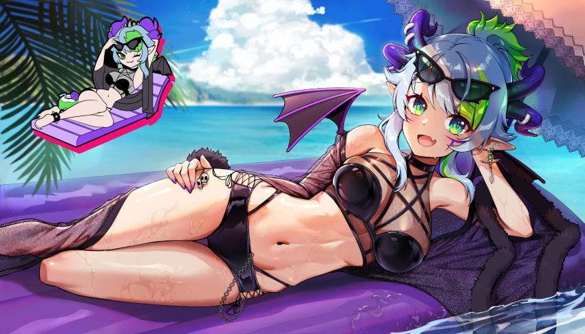 1girl, :3, absurdres, ahoge, arm_support, armpit_crease, bare_shoulders, beach
