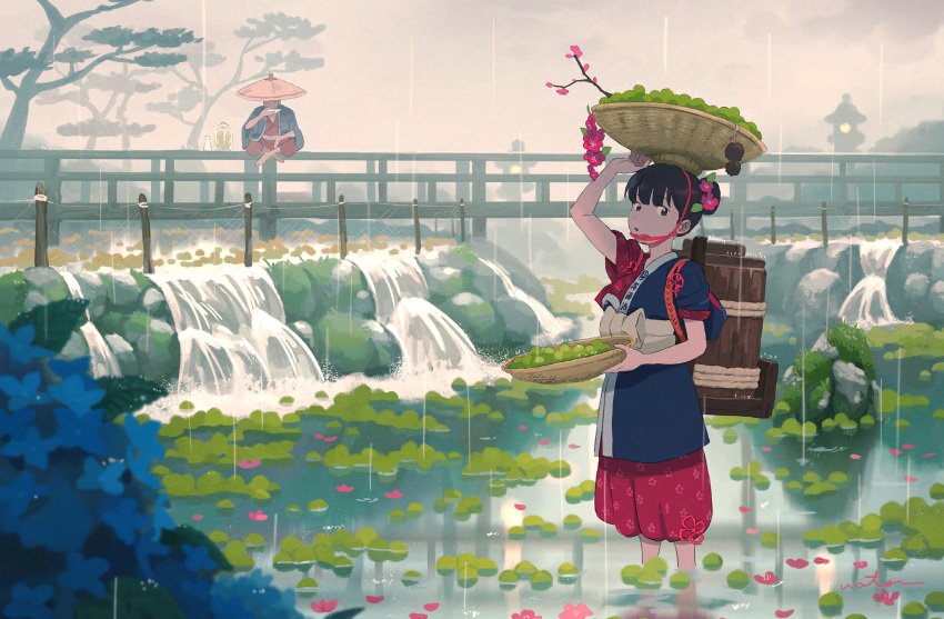 1boy, 1girl, absurdres, arm_up, backpack, bag, basket, black_hair
