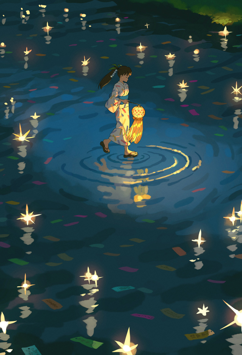 1girl, absurdres, brown_hair, candle, closed_eyes, closed_mouth, commentary_request, floating