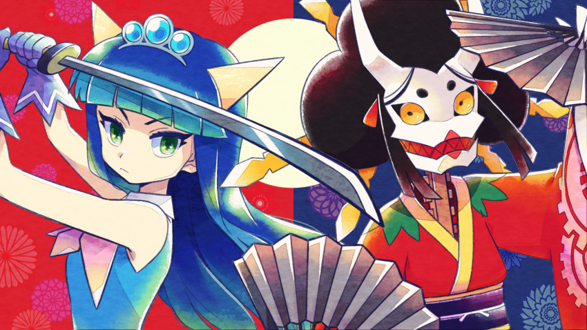 2girls, black_hair, blue_background, blue_hair, dual_wielding, fan, folding_fan, gloves