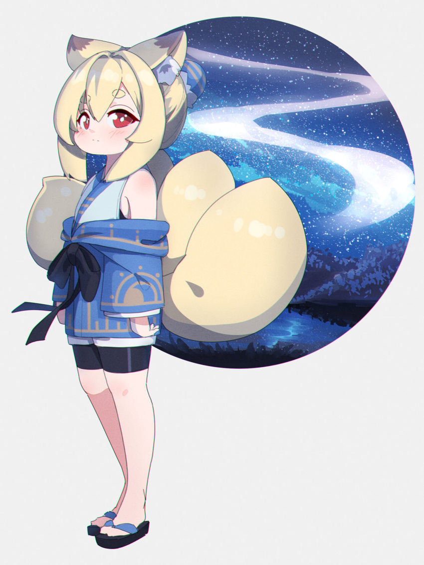 1girl, absurdres, animal_ear_fluff, animal_ears, bangs, bare_shoulders, bike_shorts, black_footwear, black_shorts, blue_kimono, blush, closed_mouth, commentary_request, eyebrows_visible_through_hair, fox_ears, fox_girl, fox_tail, full_body, hair_between_eyes, highres, indie_virtual_youtuber, japanese_clothes, kamiya_ris, kimono, kitsune, kuro_kosyou, long_sleeves, looking_at_viewer, off_shoulder, red_eyes, short_eyebrows, short_shorts, shorts, sidelocks, solo, standing, tail, thick_eyebrows, virtual_youtuber, wide_sleeves, zouri