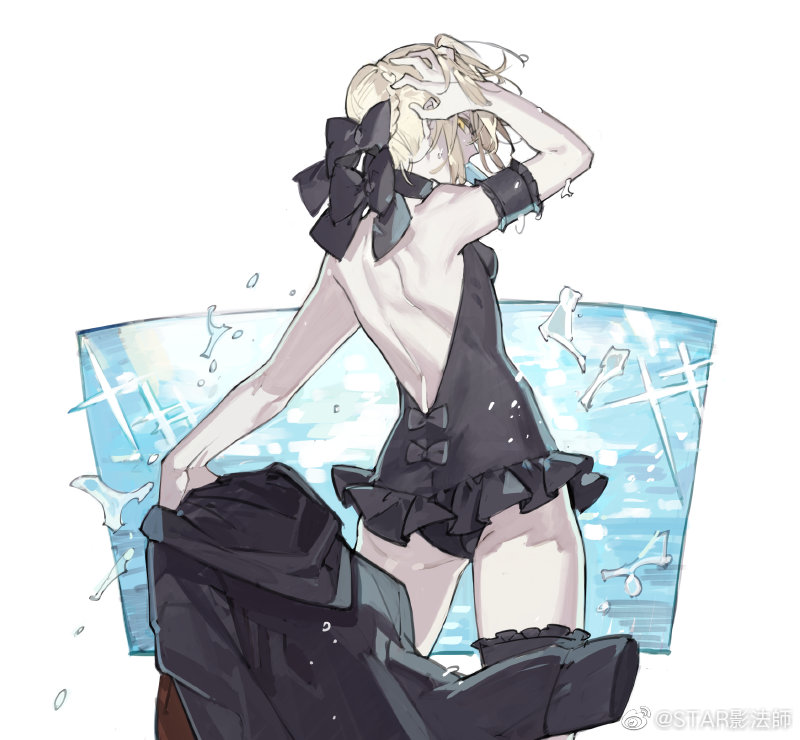 1girl, artoria_pendragon_(all), artoria_pendragon_(alter_swimsuit_rider)_(fate), back, bare_back, bare_legs, bare_shoulders, blonde_hair