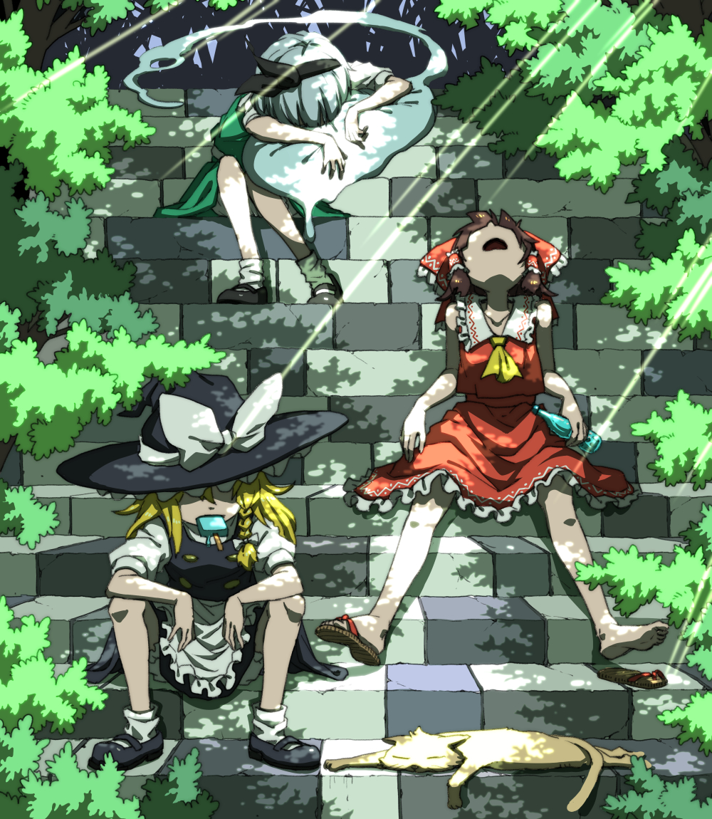 3girls, animal, apron, arm_rest, bare_arms, bare_legs, bare_shoulders, black_dress, black_footwear, black_hairband, blonde_hair, bloomers, bow, braid, brown_hair, cat, collarbone, commentary_request, dappled_sunlight, day, dress, elbow_rest, exhausted, food, food_in_mouth, frilled_skirt, frills, full_body, ghost, green_skirt, green_vest, grey_hair, hair_bow, hair_tubes, hairband, hakurei_reimu, hat, hat_bow, head_rest, hot, inuno_rakugaki, japanese_clothes, kirisame_marisa, knees_up, konpaku_youmu, konpaku_youmu_(ghost), leaning_forward, long_hair, mary_janes, medium_hair, melting, miko, miniskirt, mouth_hold, multiple_girls, open_mouth, outdoors, outstretched_legs, red_bow, sandal_removed, sandals, shaded_face, shirt, shoes, short_sleeves, side_braid, sidelocks, single_braid, single_sandal, sitting, skirt, skirt_set, sleeveless, sleeveless_shirt, socks, soles, spread_legs, stairs, stone_stairs, summer, sunlight, toes, touhou, underwear, vest, waist_apron, white_bow, white_legwear, witch_hat