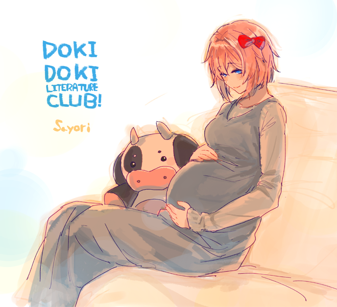 1girl, belly, blue_eyes, bow, character_name, commentary, copyright_name, doki_doki_literature_club, dress, eyebrows_visible_through_hair, grey_dress, hair_bow, hand_on_own_stomach, long_sleeves, pink_hair, pregnant, red_bow, sayori_(doki_doki_literature_club), short_hair, simple_background, smile, solo, sora_(efr), stuffed_cow, white_background