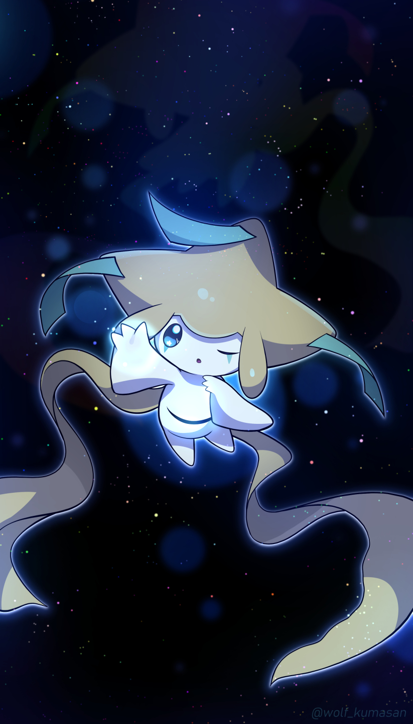 arm_up, blue_eyes, commentary_request, gen_3_pokemon, hand_up, highres, jirachi, looking_at_viewer