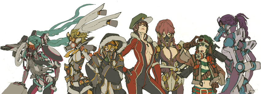 2boys, 5girls, aqua_hair, bad_id, blonde_hair, bodysuit, brown_eyes, brown_hair, gas_mask, gecco, gloves, green_eyes, green_hair, gumi, hat, hatsune_miku, hirasawa_geko, kagamine_len, kagamine_rin, kamui_gakupo, long_hair, mecha_musume, megurine_luka, meiko, peaked_cap, pink_hair, purple_hair, robot_joints, short_hair, simple_background, twintails, vocaloid